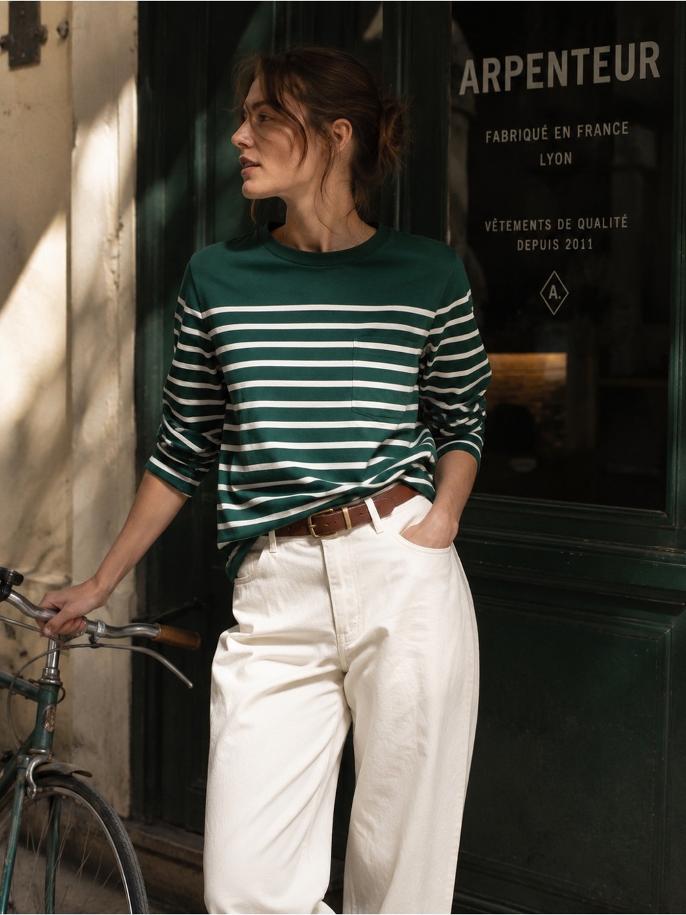 Arpenteur French Breton Striped Pocket Tee Green & Ivory Made in France